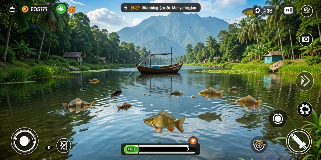 Screenshot gameplay EOS77 menampilkan suasana memancing yang menenangkan.