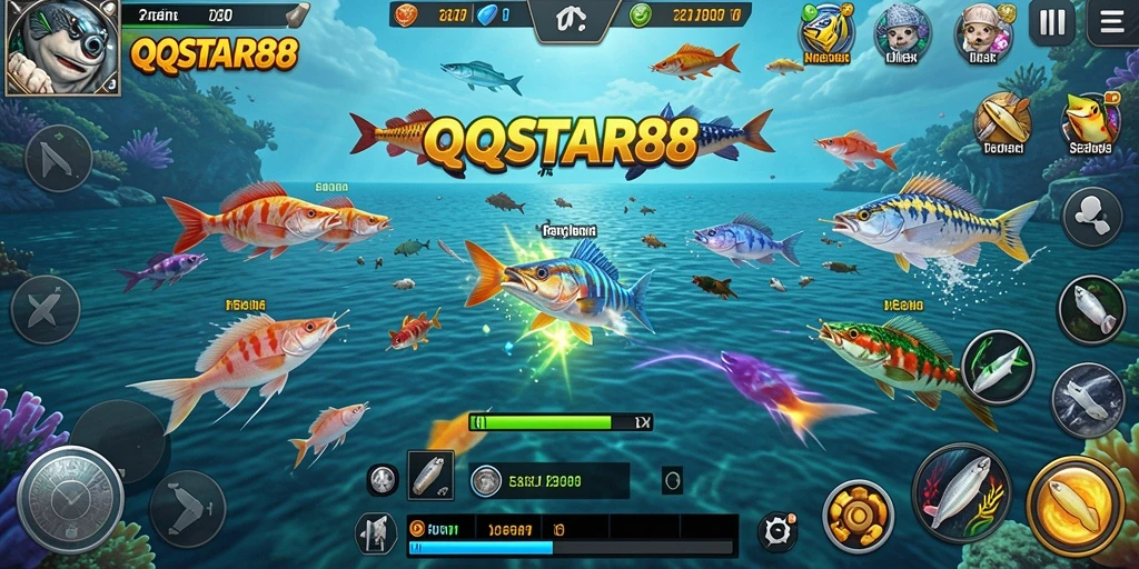 Tampilan gameplay seru dalam QQSTAR88 saat menembak ikan.