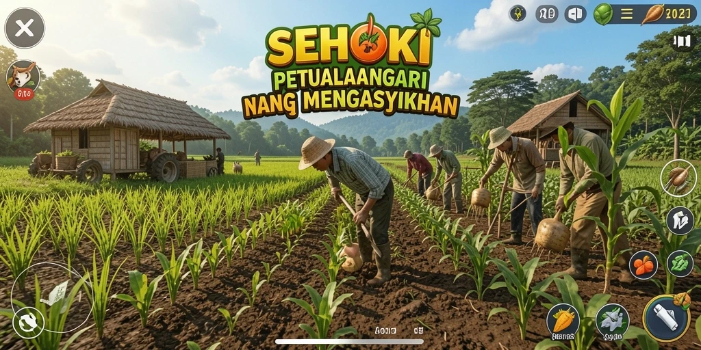 Screenshot gameplay SEHOKI menampilkan ladang yang subur dan alat pertanian.